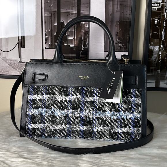 Kate Spade Deco Plaid Tweed Medium Satchel Elegant Black and Blue Tweed Handbag - Picture 5 of 10